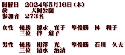 開催日　２０２４年５月１６日（木） 於　　　　大岡公園 参加者　２７３名  女性　優勝　徳永　宜子　準優勝　林　和子 　　　三位　伴　道子  男性　優勝　相澤　光　　準優勝　石川　久夫 　　　三位　清水　治清