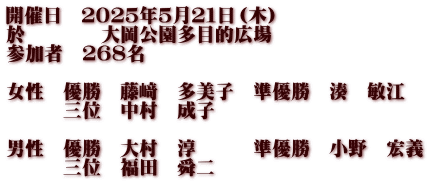 開催日　２０２５年５月２１日（木） 於　　　　大岡公園多目的広場 参加者　２６８名  女性　優勝　藤﨑　多美子　準優勝　湊　敏江 　　　三位　中村　成子  男性　優勝　大村　淳　　　準優勝　小野　宏義 　　　三位　福田　舜二